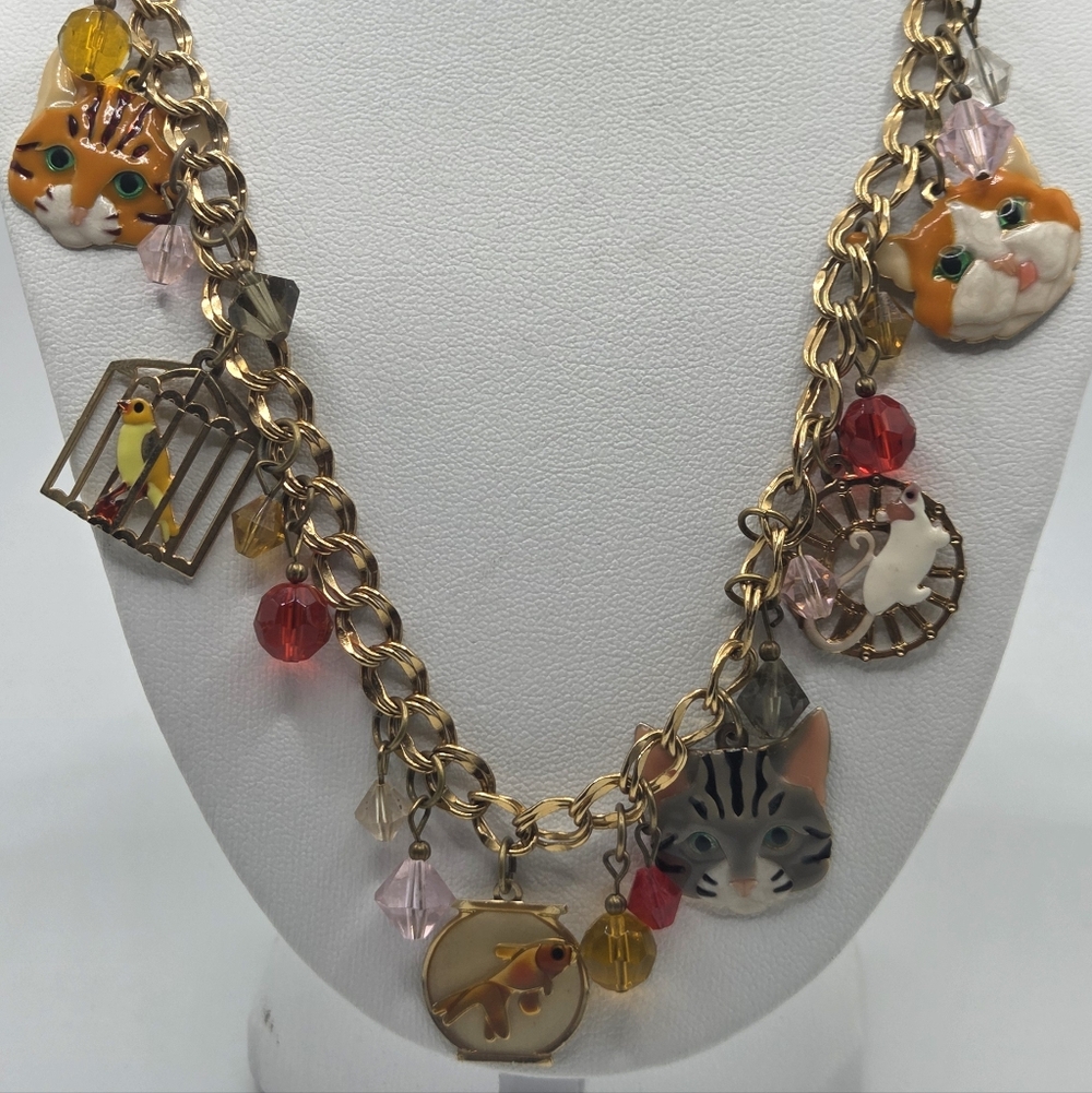 Lunch at the Ritz Cat Charm Necklace – Whimsical Cats, Birdcage & Fish Charms